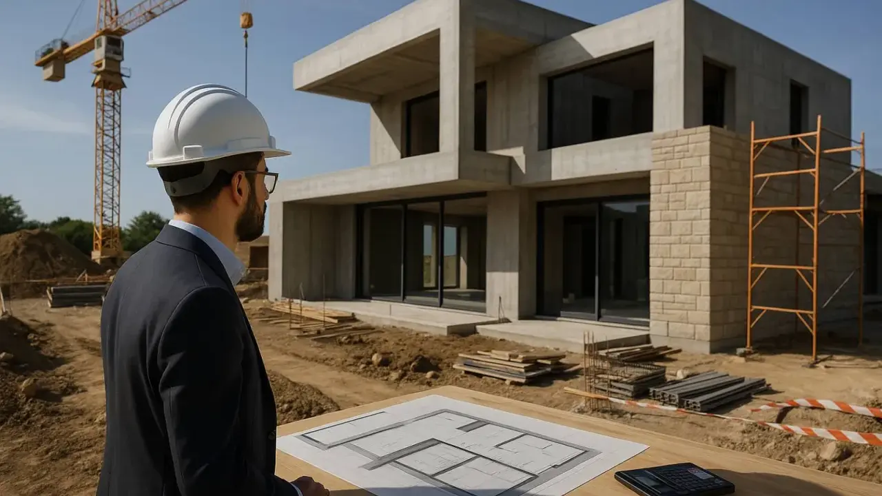 Un maître d'œuvre supervise la construction d'une maison moderne en béton, avec un plan sur la table.