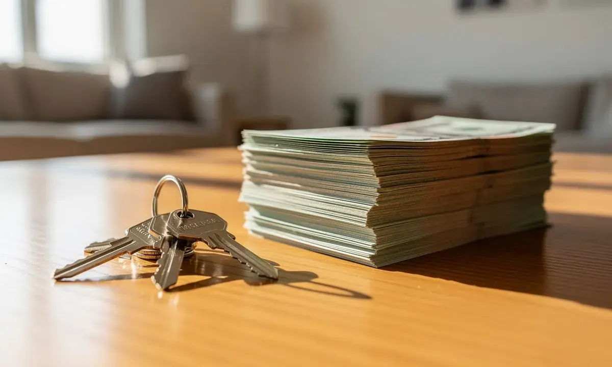 Un trousseau de clés et une pile de billets de banque, symbolisant le **chèque de caution** pour un nouveau logement.