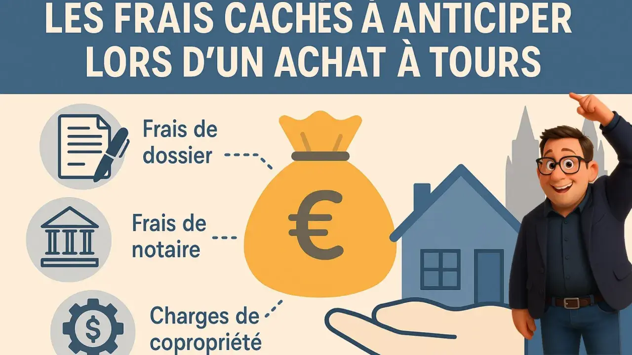 Illustration sur les frais cachés d'un achat immobilier à Tours : frais de dossier, notaire, et charges de copropriété. Un homme joyeux pointe vers une maison.