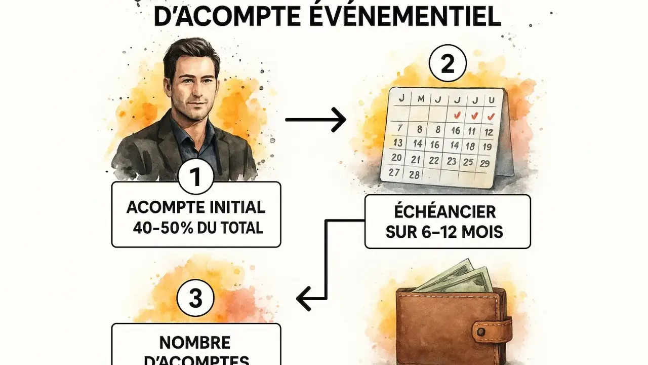 Schéma d'une facture avec un acompte initial de 40-50%, un échéancier sur 6-12 mois et 2-3 acomptes.