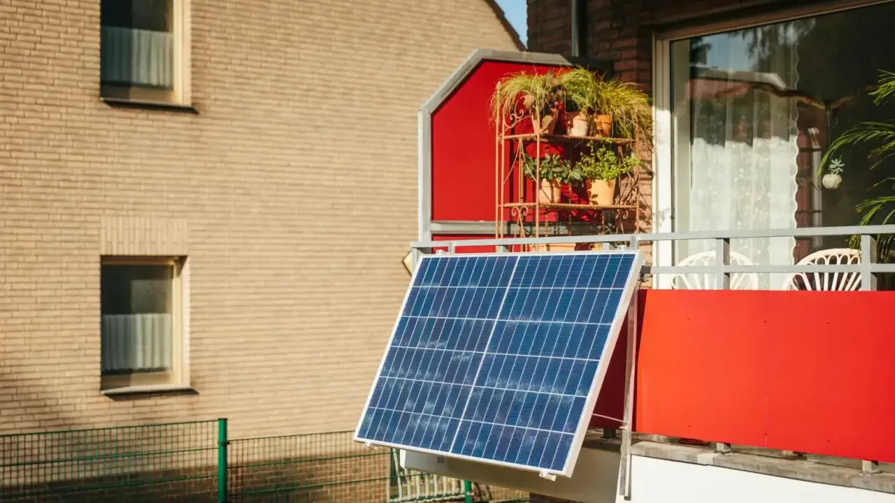 Panneau solaire sur un balcon rouge, peut-être pour contester une augmentation de loyer liée au DPE.