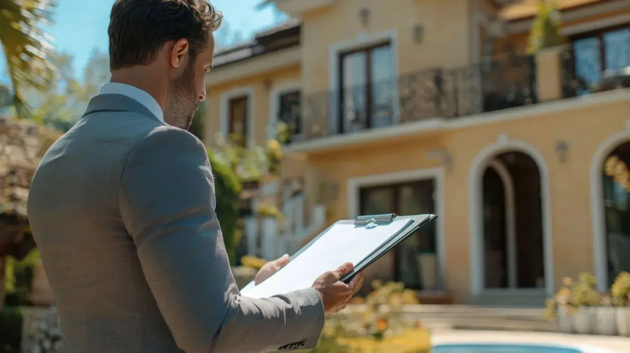 Agent immobilier évaluant la valeur locative d'un bien. Il tient un dossier devant une villa jaune.