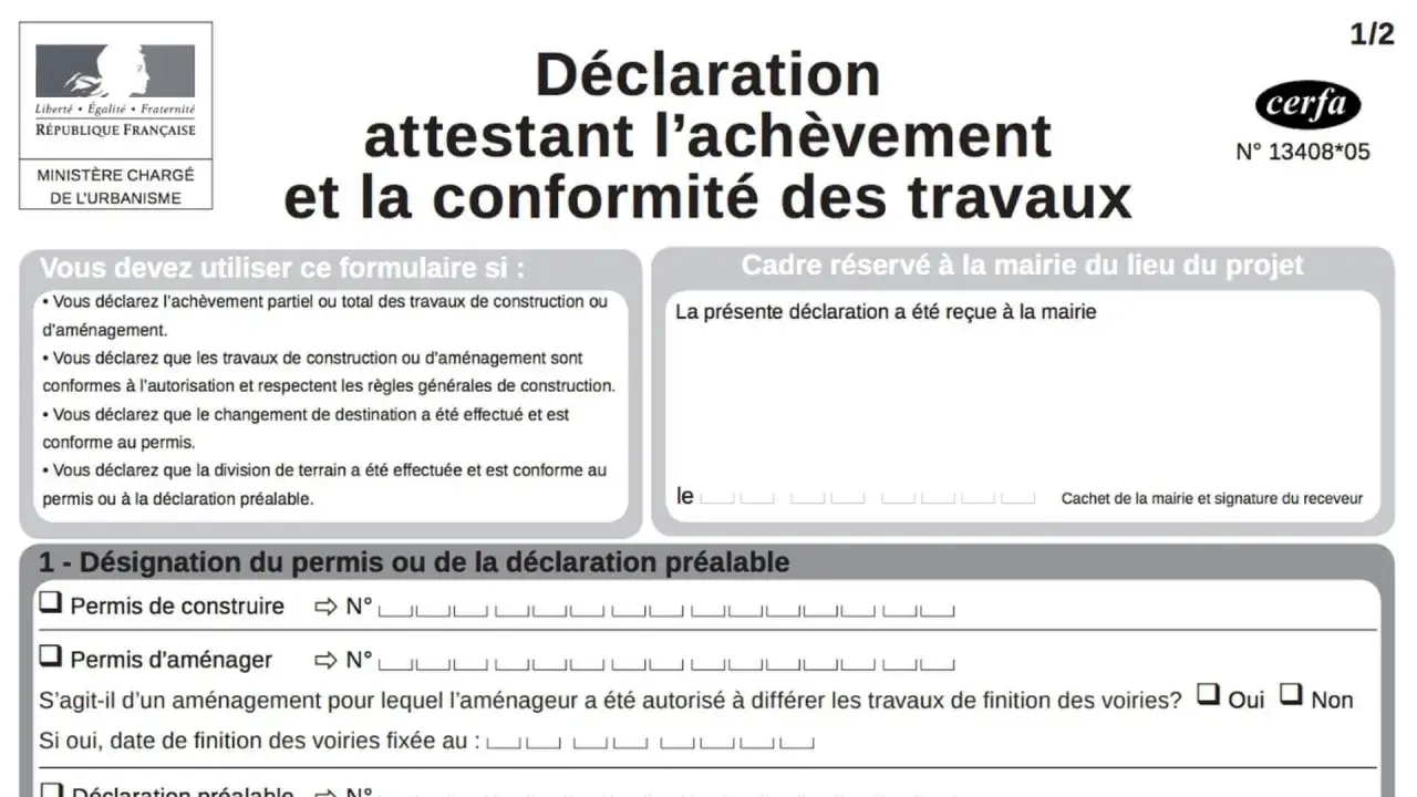 Formulaire Cerfa pour une déclaration attestant l'achèvement et la conformité des travaux d'une maison.
