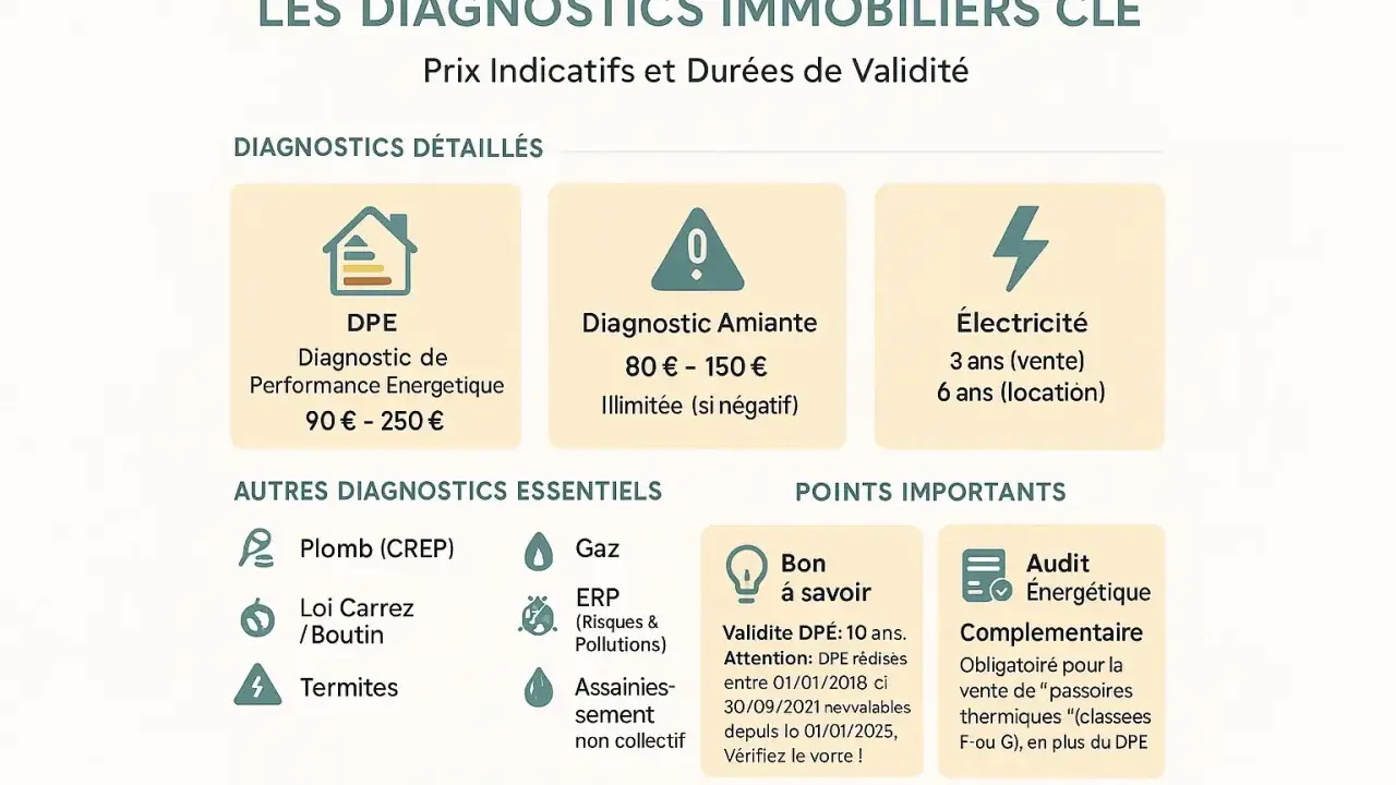 Tableau des diagnostics immobiliers : DPE, amiante, électricité, plomb (CREP), gaz, ERP, termites, assainissement. Prix indicatifs et durées de validité. Audit énergétique.