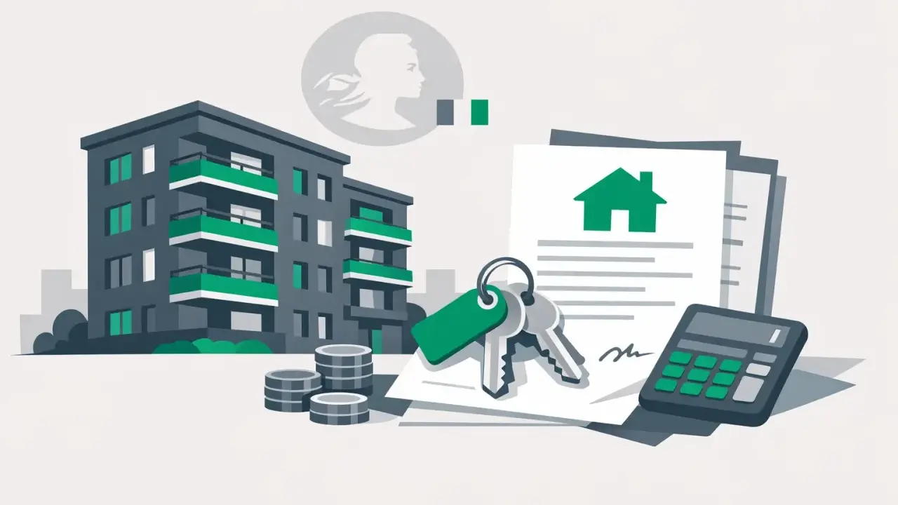 Immeuble, clés, contrat, calculatrice et pièces symbolisant le taux d'endettement pour un investissement locatif.