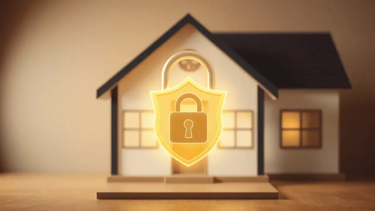 Maison sécurisée avec un cadenas doré sur un bouclier, symbolisant la protection et la confiance pour une lettre garant location.