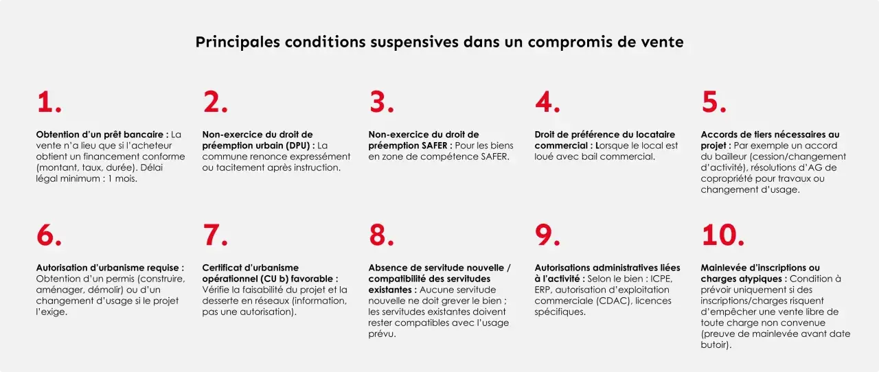 Liste des principales conditions suspensives dans un compromis de vente : obtention de prêt, non-exercice du droit de préemption, accord de tiers, etc.