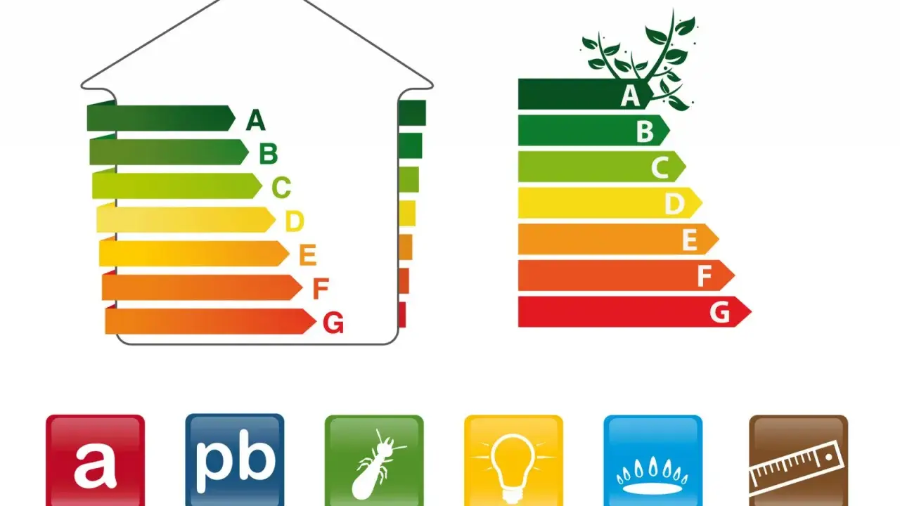 Étiquettes énergie pour diagnostics obligatoires vente. Icônes : 'a', plomb, termite, ampoule, gaz, mètre.