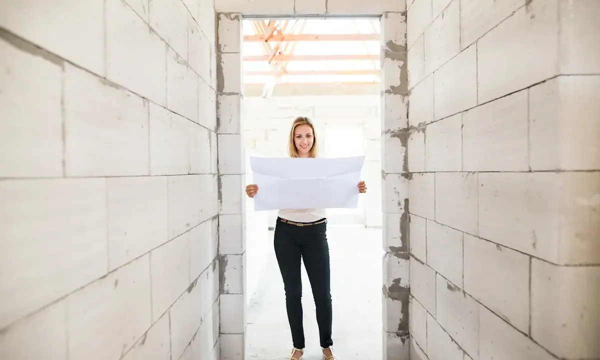 Femme souriante tenant un plan dans un chantier. Un acompte encaissé pour des travaux non réalisés, mais l'espoir est là.