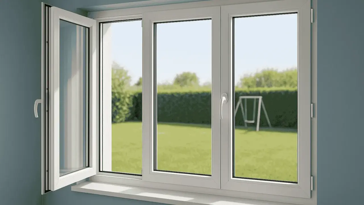 Fenêtre PVC blanche ouverte sur un jardin verdoyant. Une obligation propriétaire changer fenêtres pour plus de confort et d'isolation.