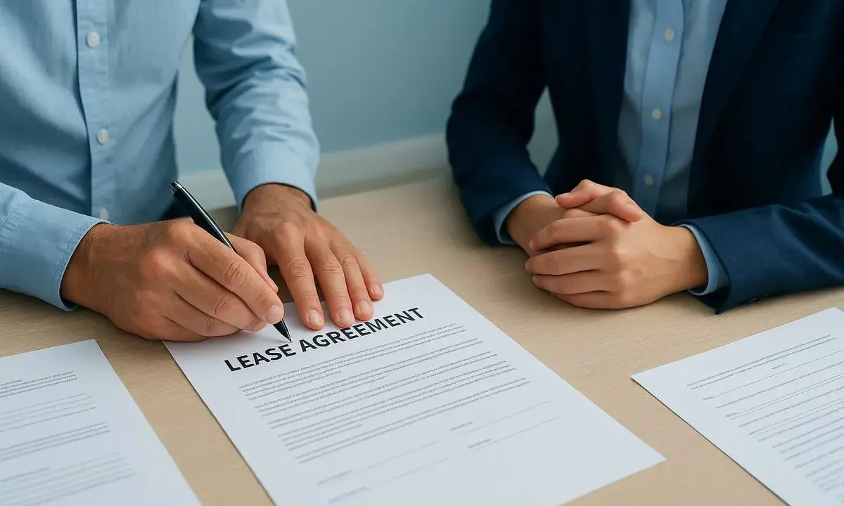 Signature d'un bail. Un homme signe un contrat de location, caution simple modèle.