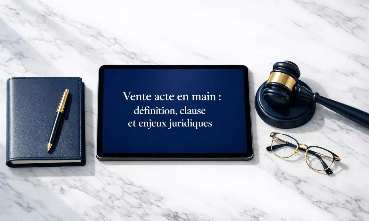Tablette affichant "Vente acte en main : définition, clause et enjeux juridiques", à côté d'un carnet, d'un stylo, d'un maillet et de lunettes.