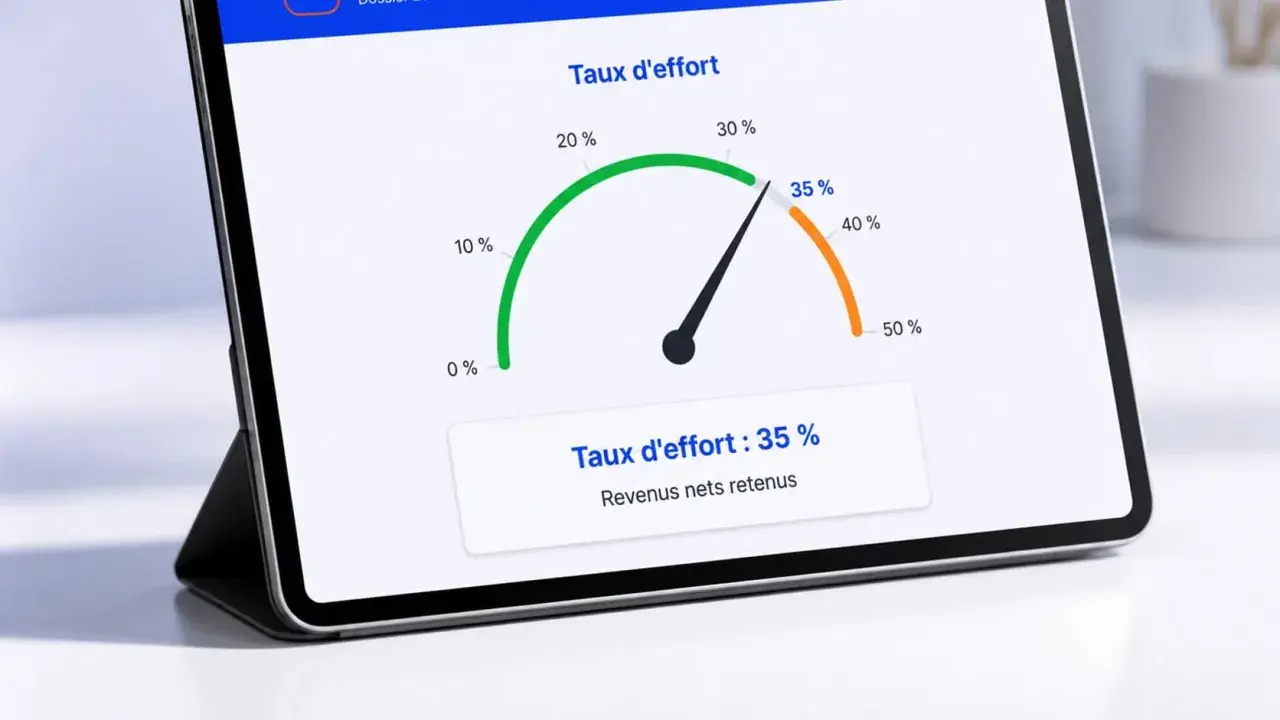 Tablette affichant un indicateur de "Taux d'effort" à 35%, montrant que le taux d'endettement maximum est respecté.