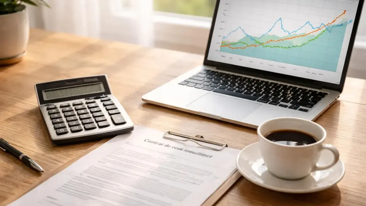 Bureau avec calculatrice, contrat, tasse de café et ordinateur affichant des graphiques. Idéal pour planifier comment emprunter 120 000 euros sur 20 ans.