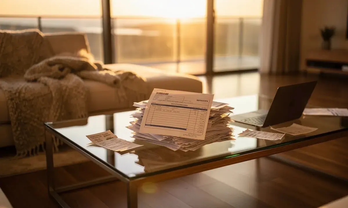 Pile de factures sur une table basse en verre, devant un canapé et de grandes fenêtres baignées de soleil. La scène évoque une résidence principale non habitée, peut-être en attente de gestion.