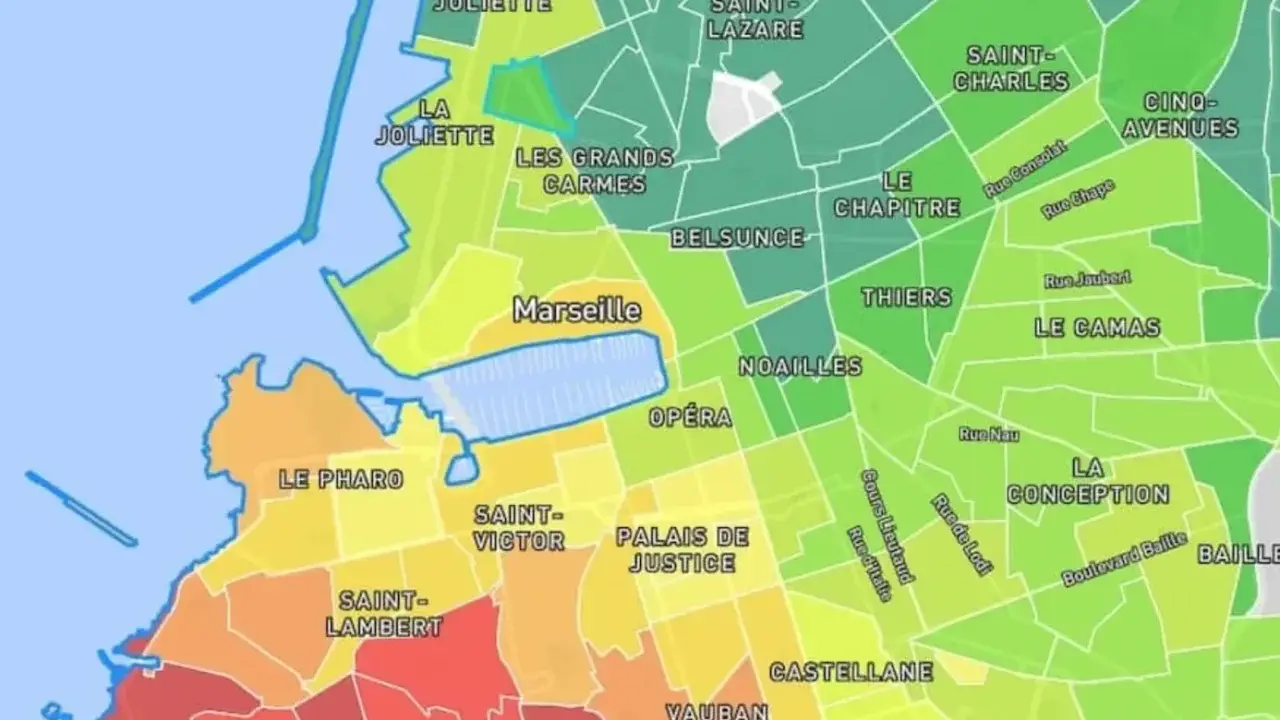Carte des quartiers de Marseille, avec des couleurs indiquant des zones. La Joliette et Les Grands Carmes semblent être le meilleur quartier marseille.