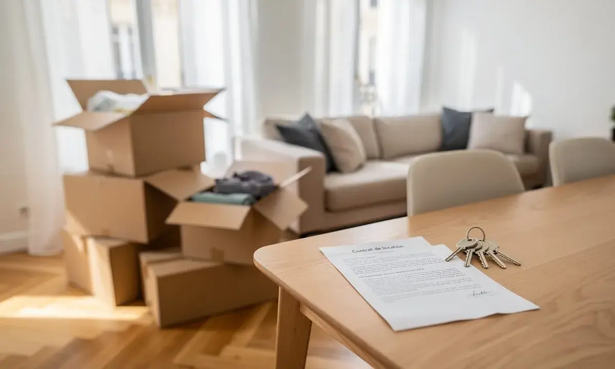 Clés et contrat de location sur une table en bois, cartons de déménagement empilés. Un nouveau départ dans une zone tendue.