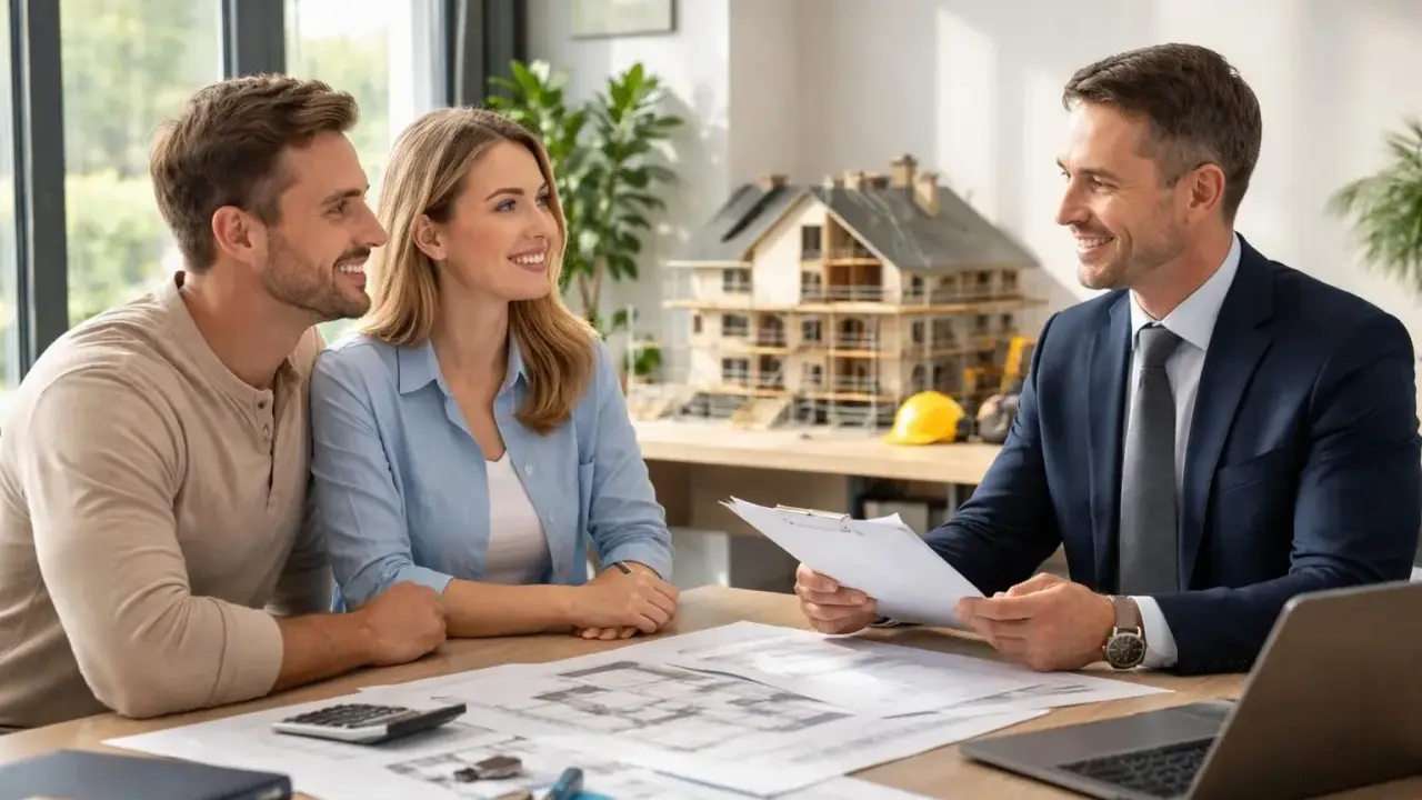 Couple souriant discutant avec un conseiller financier devant une maquette de maison. Ils s'informent sur le délai entre acceptation offre de prêt et déblocage des fonds.