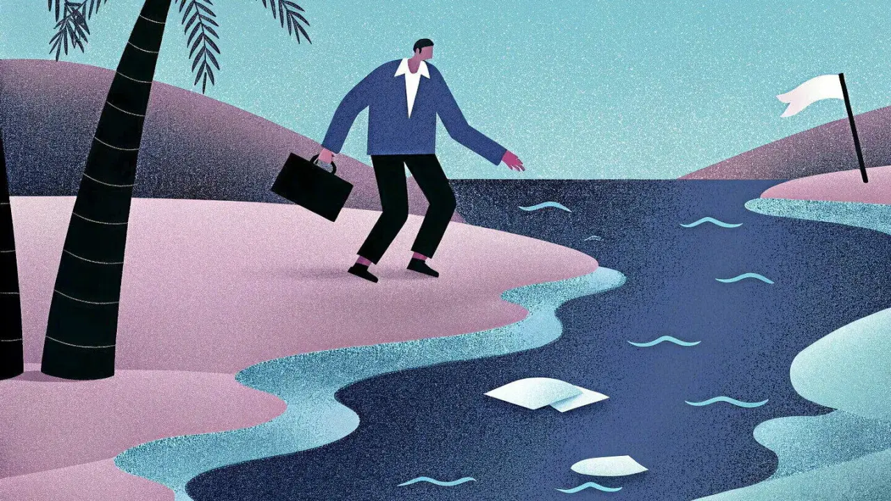 Un homme d'affaires avec une mallette hésite à traverser une rivière, symbolisant les défis de la résidence de tourisme fiscalité.