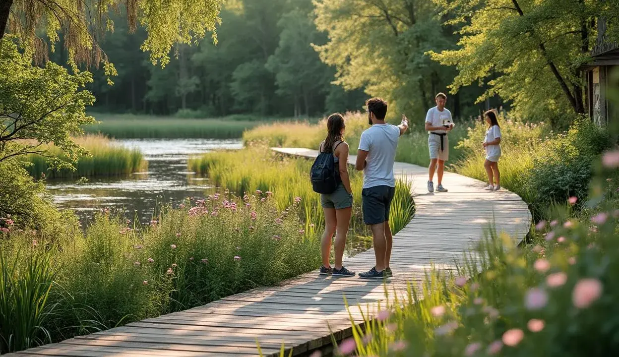 Promenade en bois dans une zone naturelle luxuriante. La jurisprudence construction en zone naturelle est respectée, permettant l'accès à ce paysage paisible.