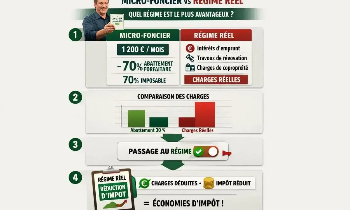 Comparaison entre micro foncier et régime réel. Le régime réel permet une réduction d'impôt grâce aux charges déduites.