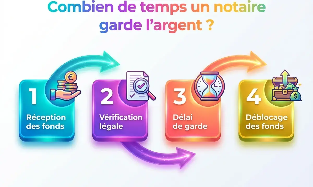 Schéma : réception fonds, vérification légale, délai de garde, déblocage fonds. Le délai paiement après signature acte de vente est illustré.