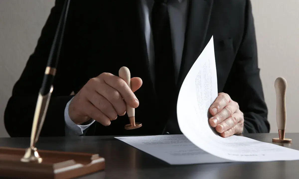 Un homme en costume appose un sceau sur un document, étape clé pour savoir comment obtenir un titre de propriété.