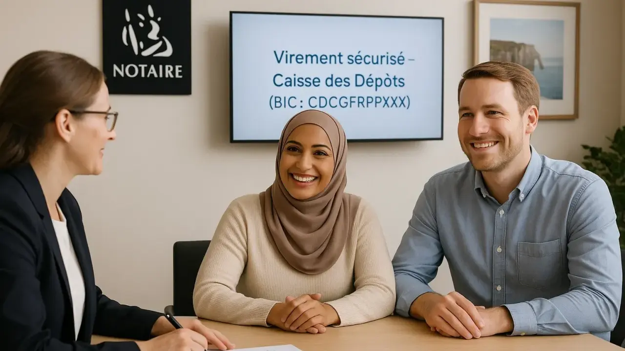 Un couple discute avec un notaire. Le notaire explique à quoi sert son rôle, notamment pour sécuriser des transactions.
