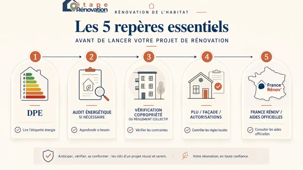 Les 5 étapes clés pour un projet de pret renovation habitat réussi : DPE, audit énergétique, vérification copropriété, PLU/façade, et aides France Rénov'.