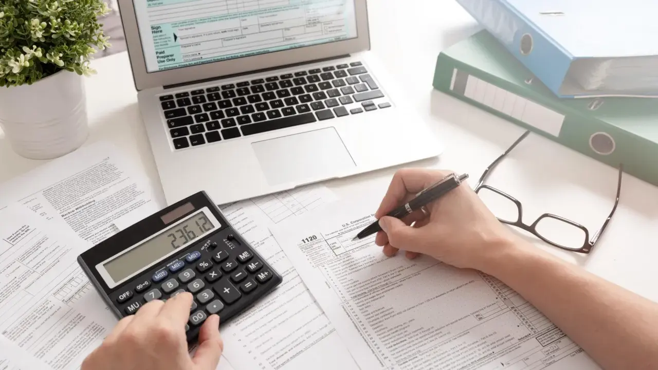 Calculatrice, ordinateur et formulaires fiscaux. On y voit des calculs pour déterminer quels sont les intérêts d'emprunt déductibles.