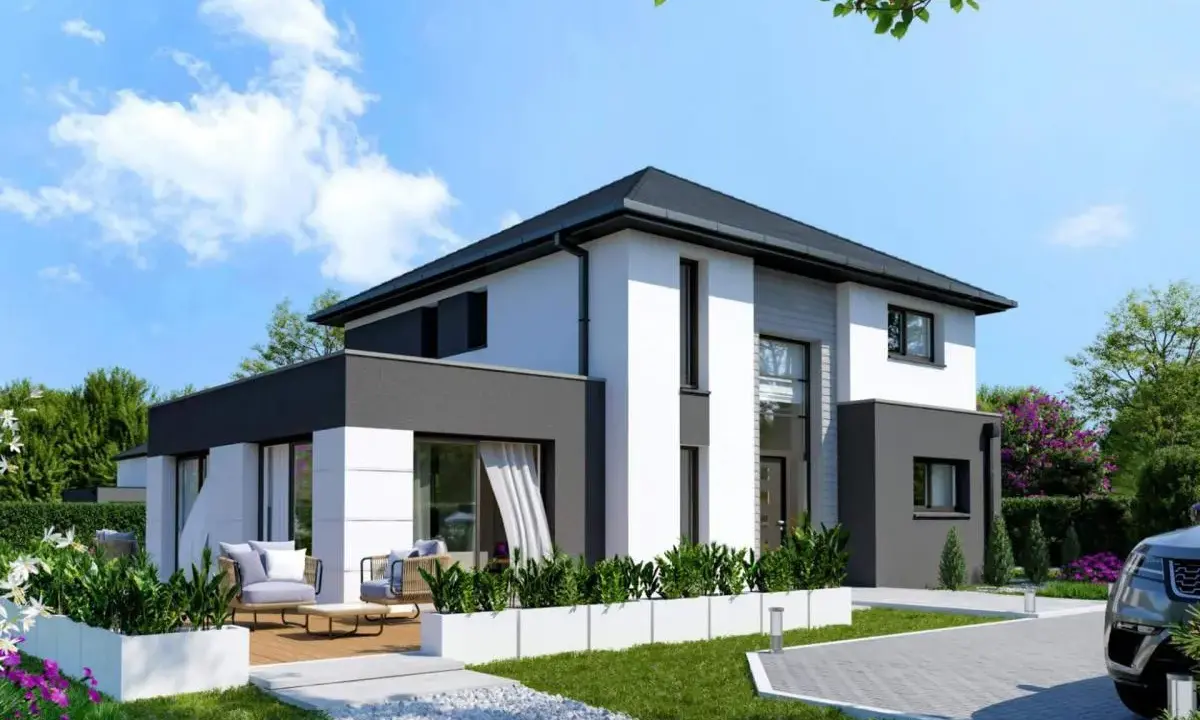 Maison moderne blanche et grise avec terrasse, jardin et allée. Idéal pour estimer le prix construction maison.