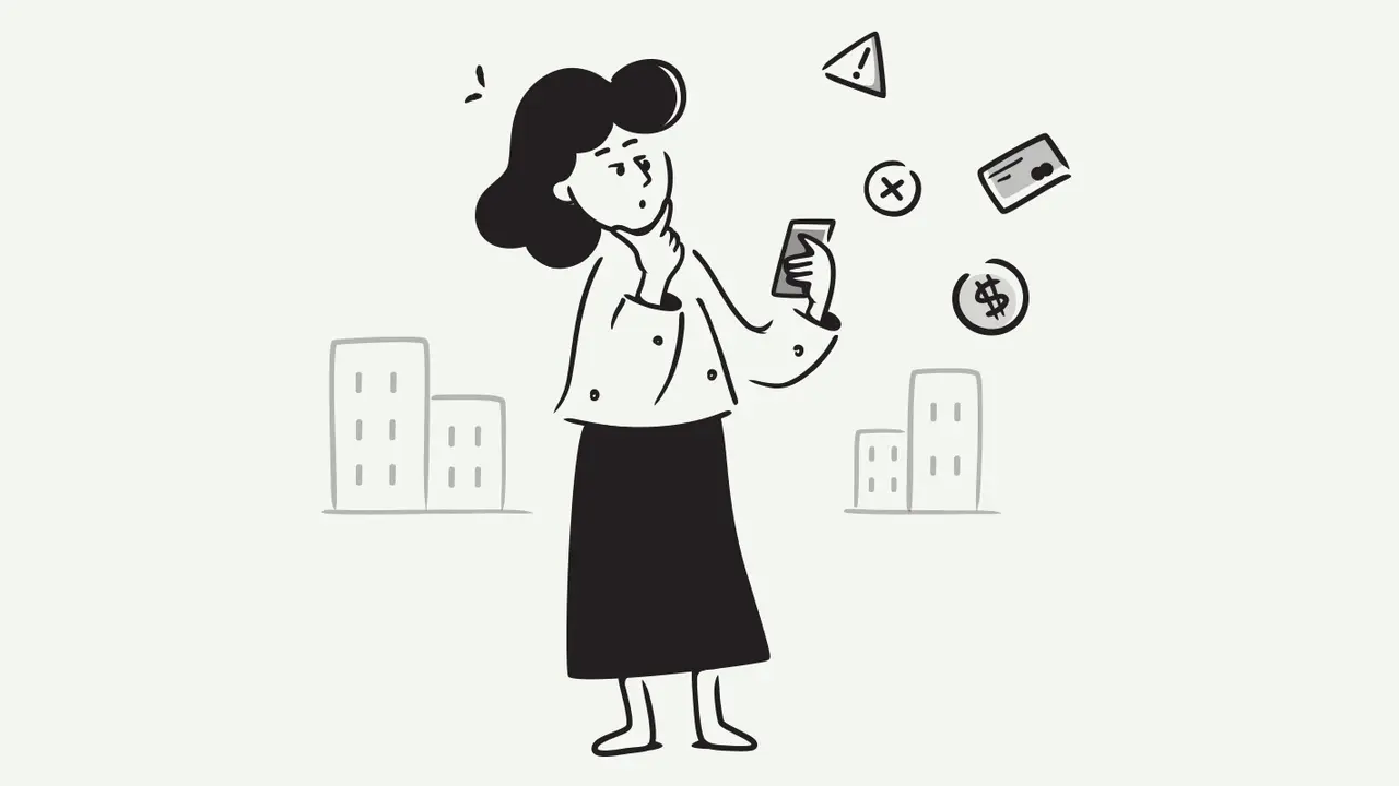 Femme perplexe devant son téléphone, entourée d'icônes : argent, carte, croix, alerte. Elle semble gérer une assignation au tribunal pour loyers impayés.