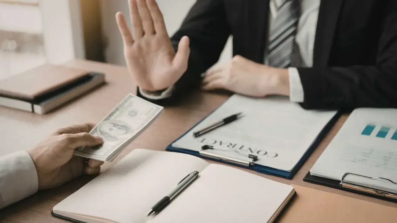Un homme en costume refuse de l'argent, peut-être pour éviter des refus de banque pour annuler un compromis.
