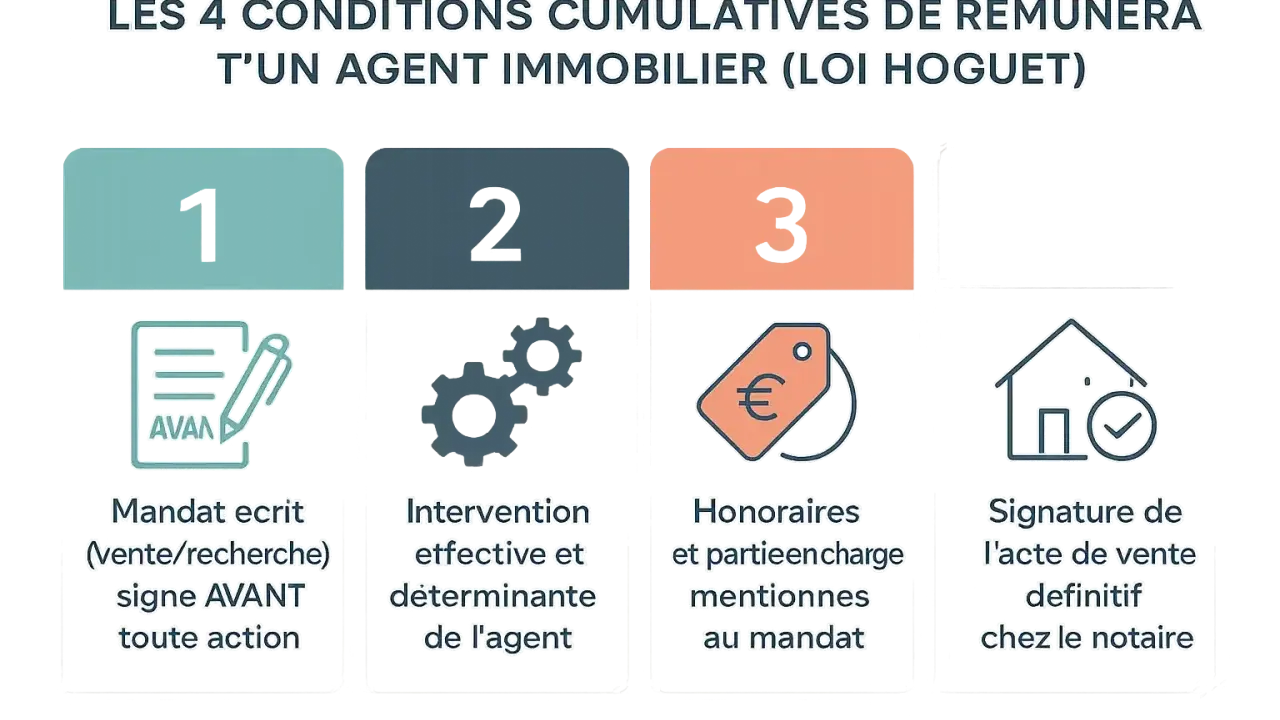 Résumé loi Hoguet : 4 conditions pour la rémunération d'un agent : mandat écrit, intervention déterminante, honoraires mentionnés, acte de vente signé.