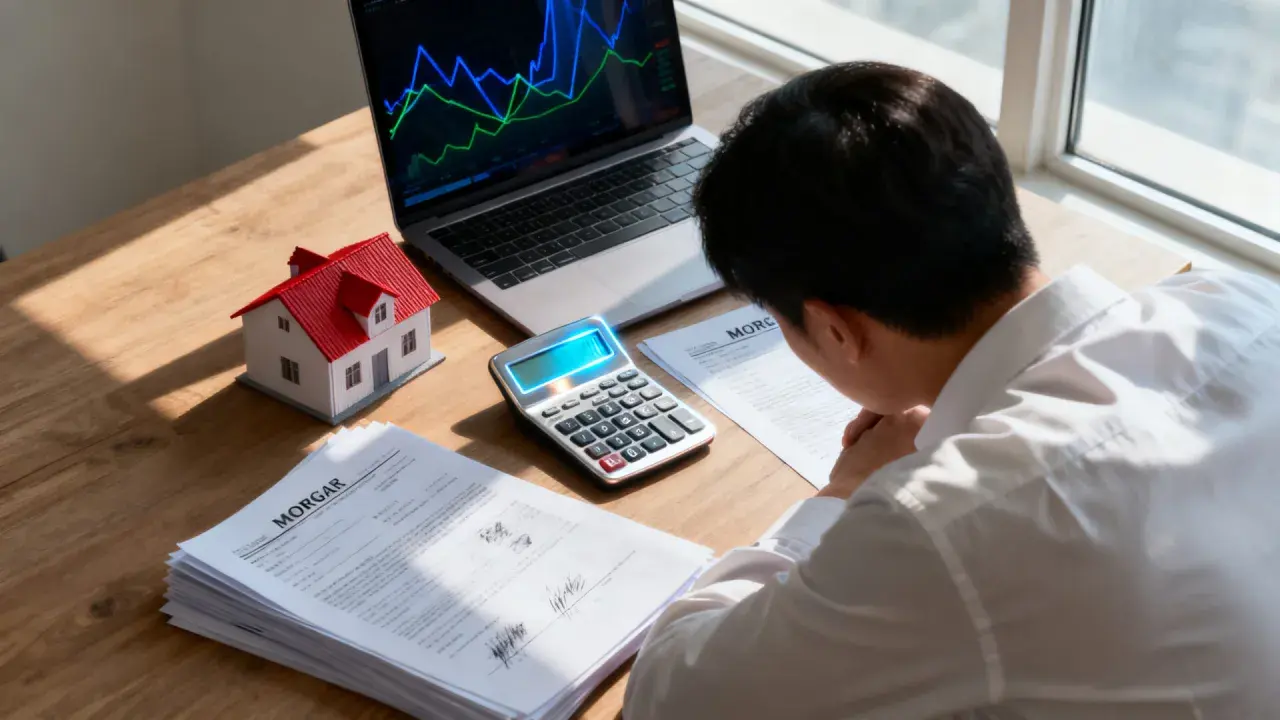 Un homme examine des documents de contrat de prêt immobilier, une calculatrice et un modèle de maison sur son bureau.