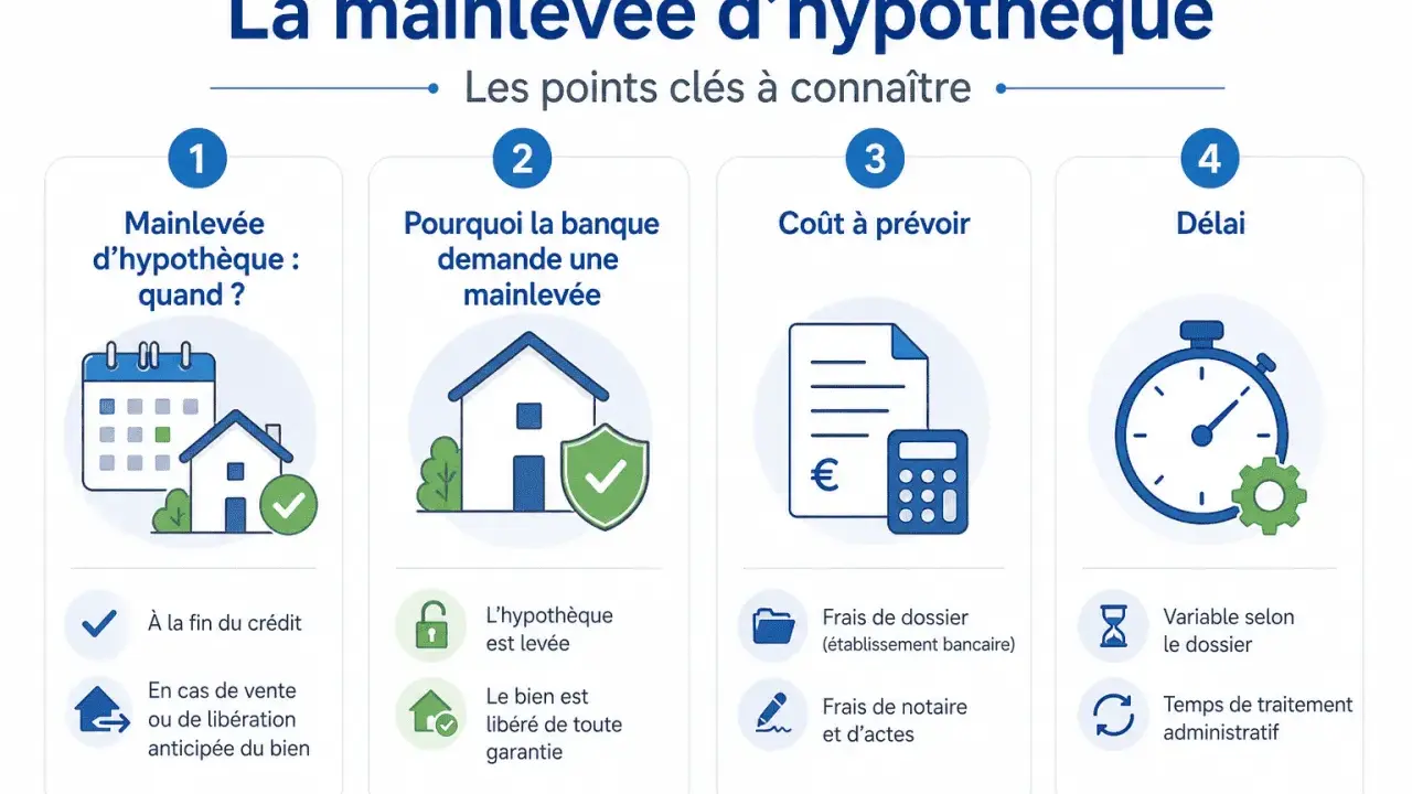Infographie expliquant la levée d'hypothèque automatique : quand, pourquoi, coût et délai.