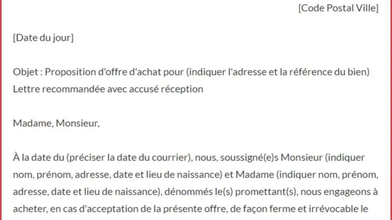 Exemple d'offre d'achat immobilier. Ce document officiel détaille une proposition ferme et irrévocable pour l'acquisition d'un bien.