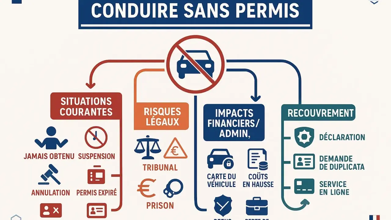 Infographie sur les risques de conduire sans permis : situations courantes, risques légaux, impacts financiers et recouvrement. Pas de permis, pas de préau !