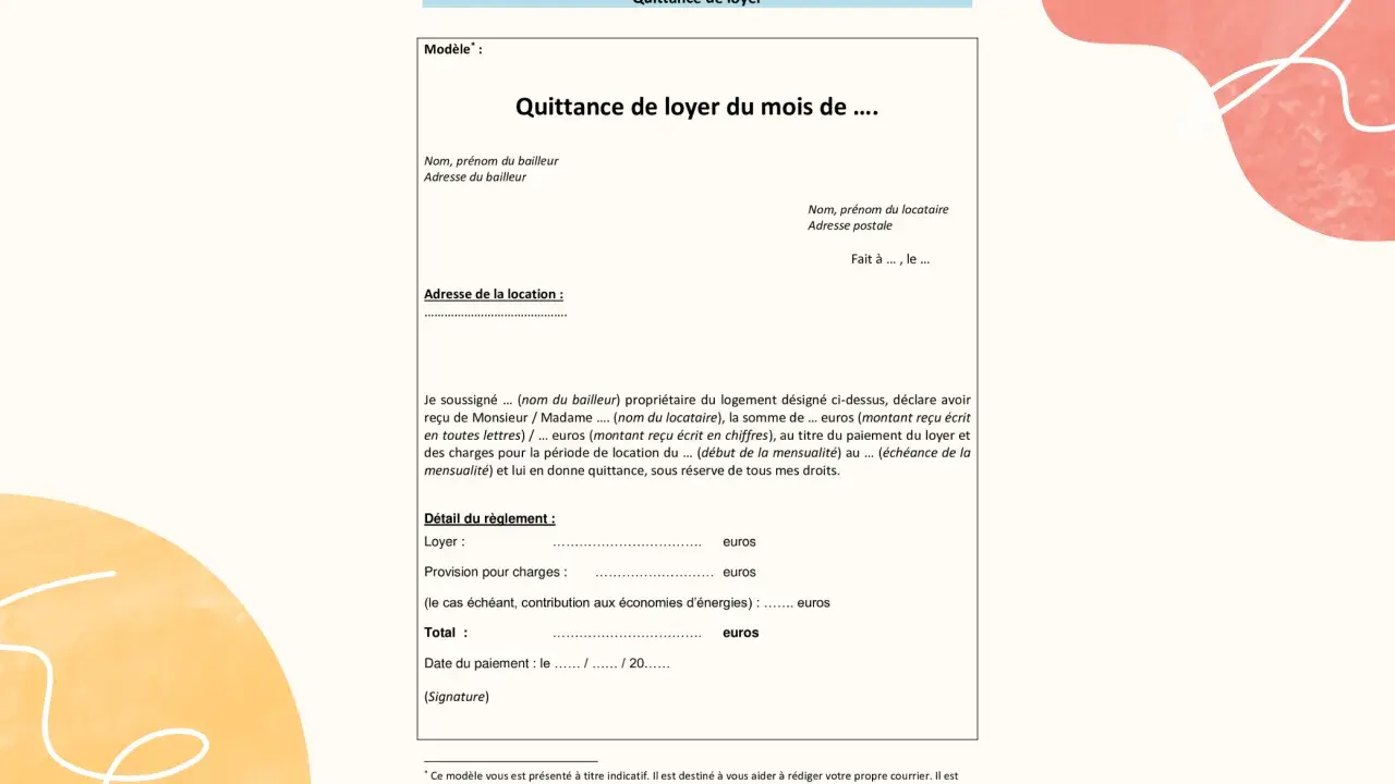 Modèle de quittance de loyer pour le mois de ... avec détails du règlement (loyer, charges, total) et espace pour signature.