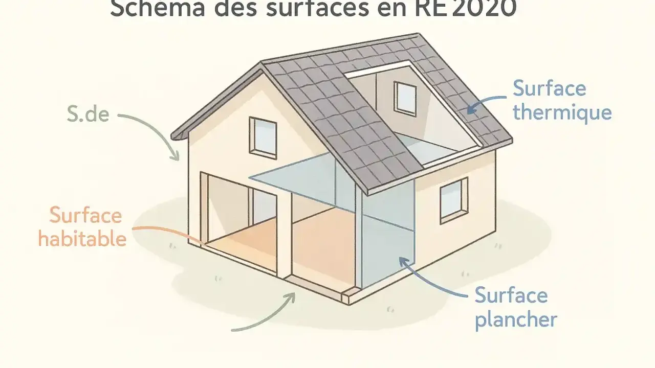 Schéma RE 2020 : la surface habitable d'une maison est délimitée.