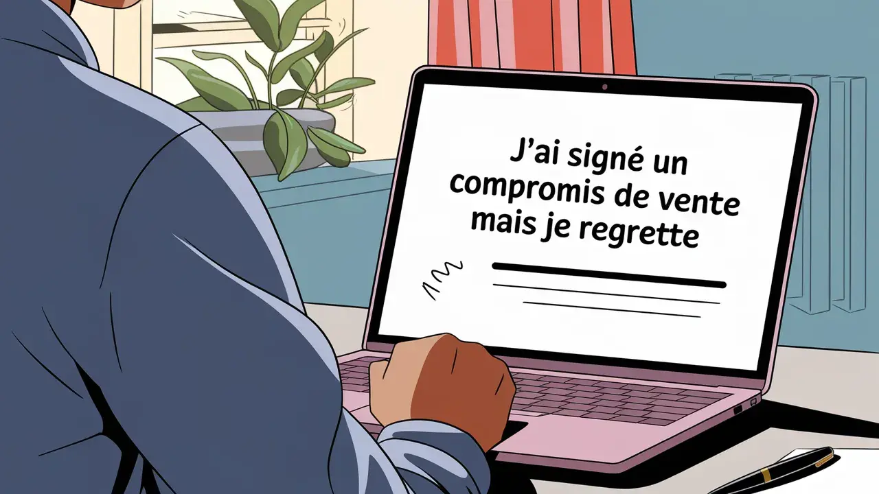Un homme regarde son ordinateur portable affichant "J'ai signé un compromis de vente mais je regrette". Il semble avoir des remords.