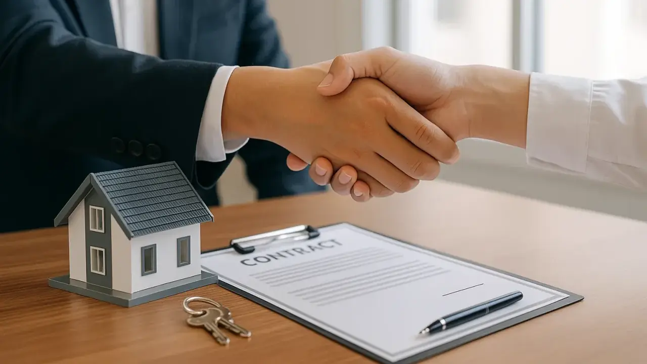 Poignée de main sur un contrat, avec une maquette de maison et des clés. Accord pour louer sa résidence principale.