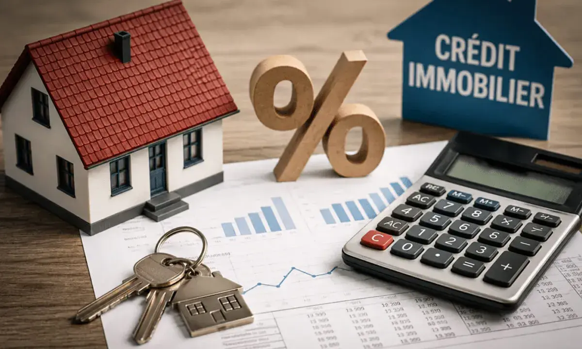 Maison, clés, calculatrice et symbole pour cent sur des graphiques financiers. Une opportunité pour une baisse des taux immobilier.