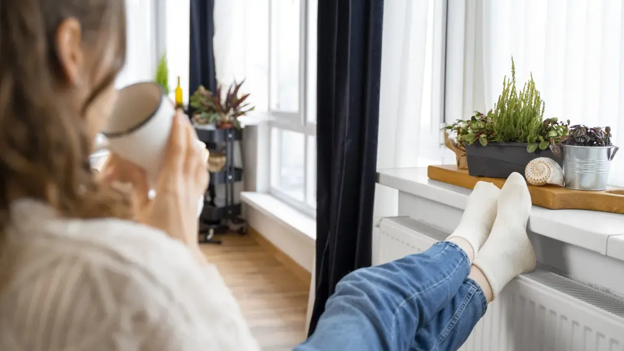 Une personne boit une tasse chaude, les pieds sur un radiateur, profitant de la chaleur. Un bon DPE chauffage électrique pour un confort optimal.
