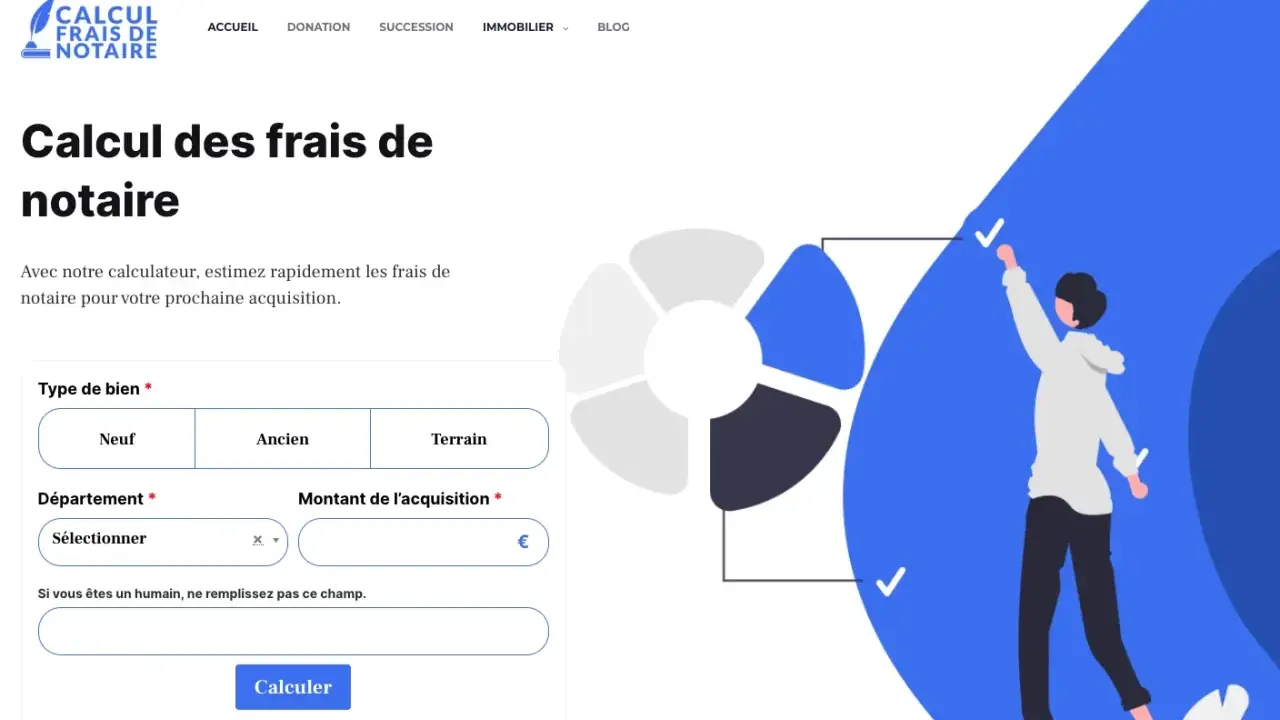 Calculez les frais de notaire pour la division de terrain. Entrez le type de bien, le département et le montant de l'acquisition.
