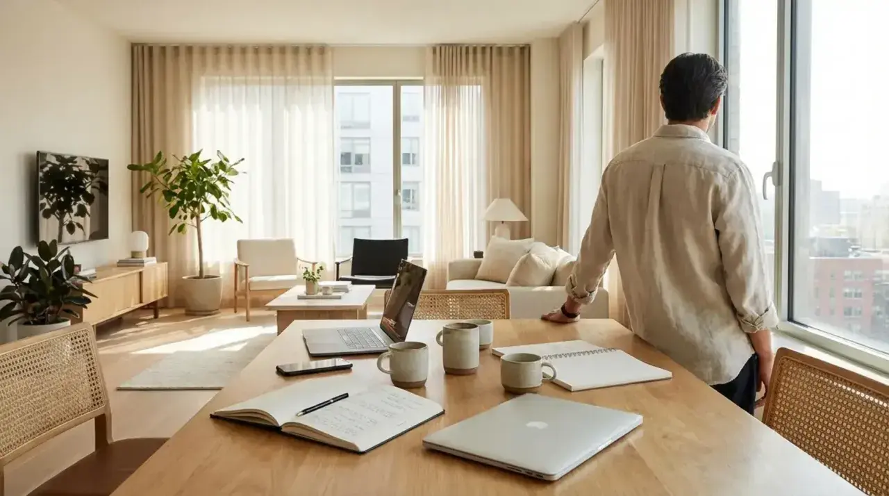 Un homme regarde par la fenêtre d'un appartement lumineux. Sur la table, des ordinateurs portables et des carnets suggèrent la signature d'un pap contrat de location meublé.