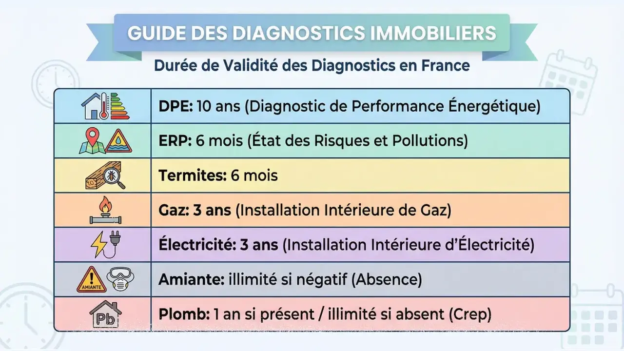 Guide des diagnostics immobiliers : durée de validité des DPE, ERP, termites, gaz, électricité, amiante et plomb. Un diagnostic immobilier offert par agence.
