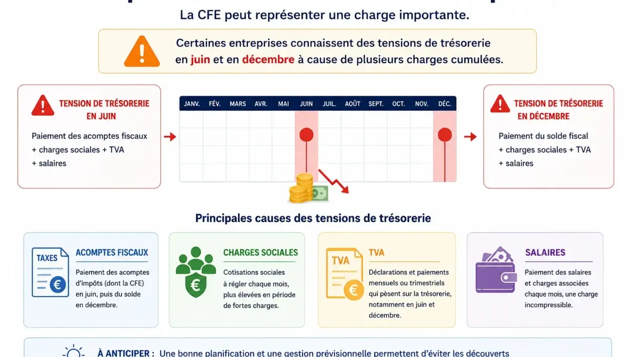 La CFE et les charges sociales pèsent sur la trésorerie en juin et décembre. L'image montre les causes des tensions : acomptes fiscaux, cotisations sociales, TVA et salaires.