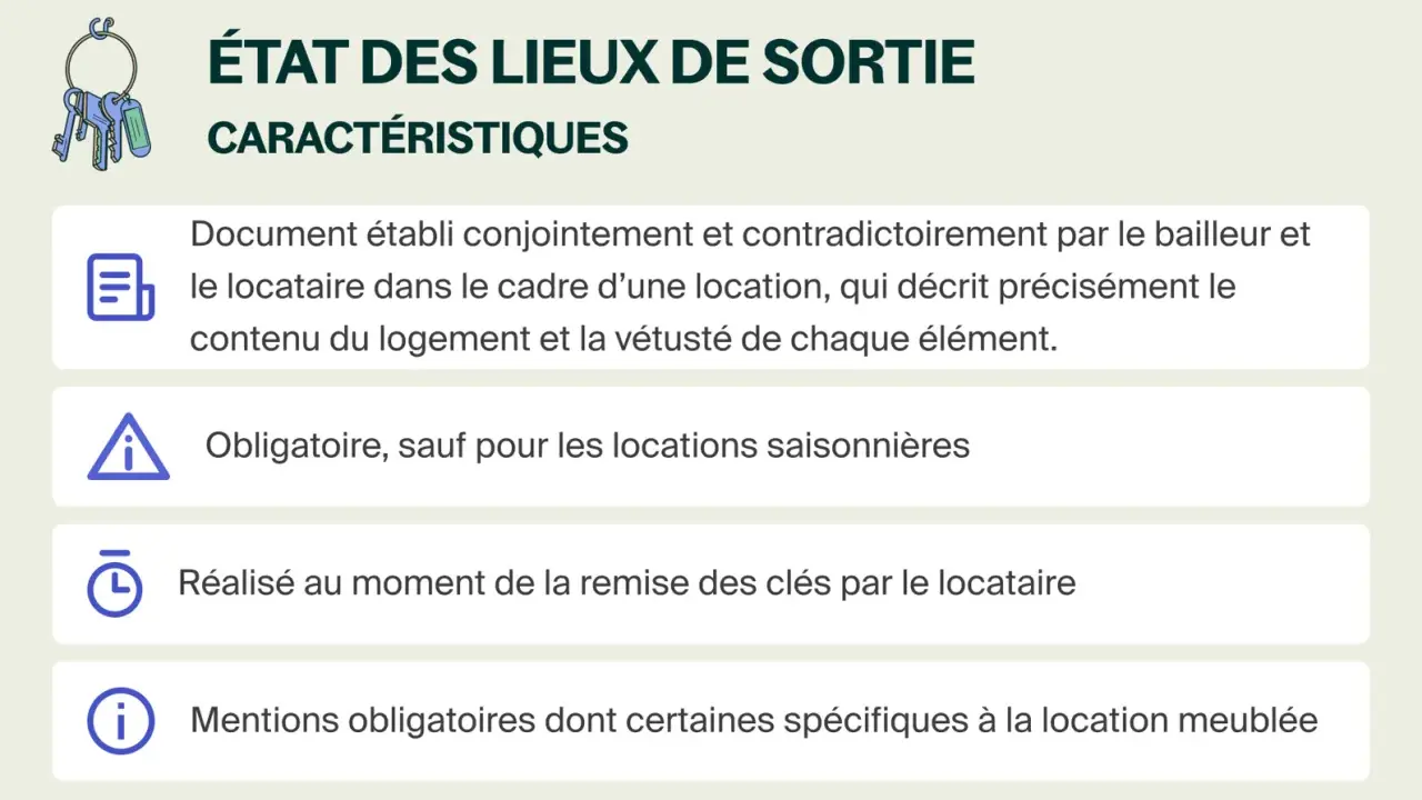 État des lieux de sortie : document décrivant le logement et son contenu, établi à la remise des clés. Obligatoire sauf locations saisonnières.