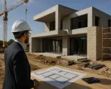 Un maître d'œuvre supervise la construction d'une maison moderne en béton, avec un plan sur la table.